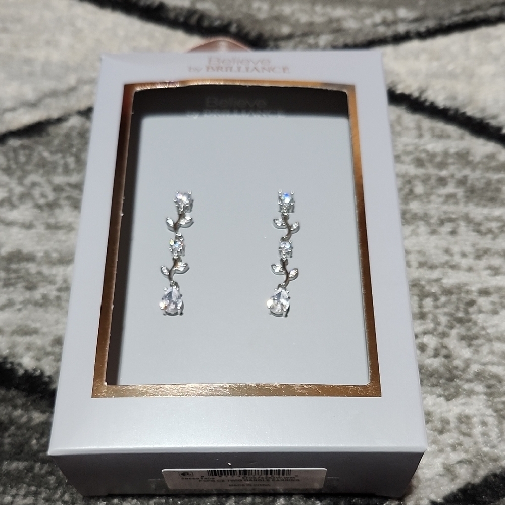 BELIEVE BY BRILLIANCE CUBIC ZIRCONIA TWIG DANGLE EARRING FINE SILVER PLATED